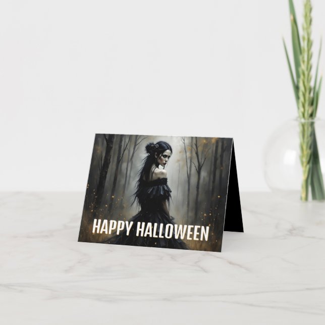 Mystisk dam i mörk Halloween-skog Kort (Framsida)