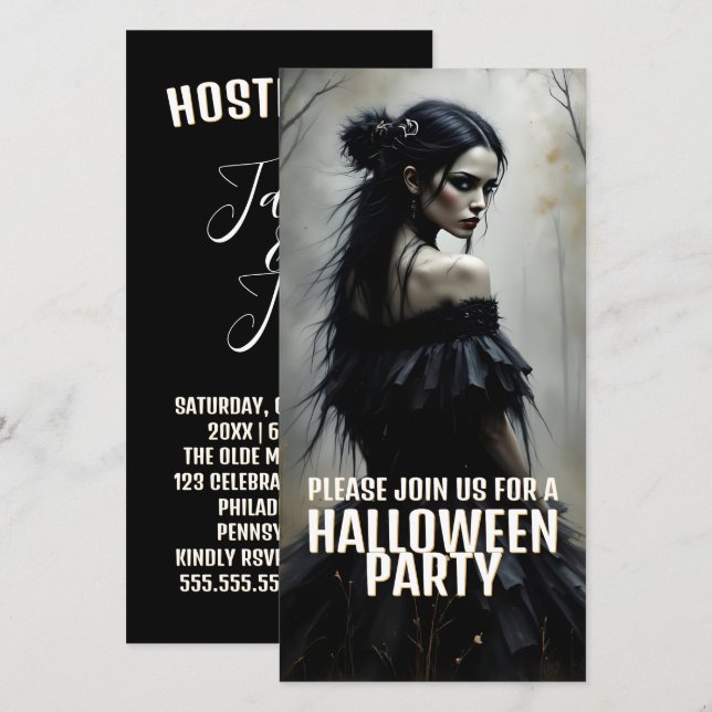 Mystisk dam i mörk Halloween-skov - Inbjudan (Fram/baksida)