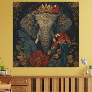 Mystisk Dschungel Elefant & Papegoja Canvas Väggko
