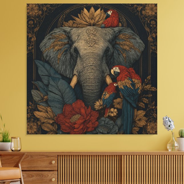 Mystisk Dschungel Elefant & Papegoja Canvas Väggko (Insitu (Vardagsrum))
