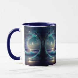 Mystisk Fantasy Livets Träd Celestiala Månar Blå Mugg