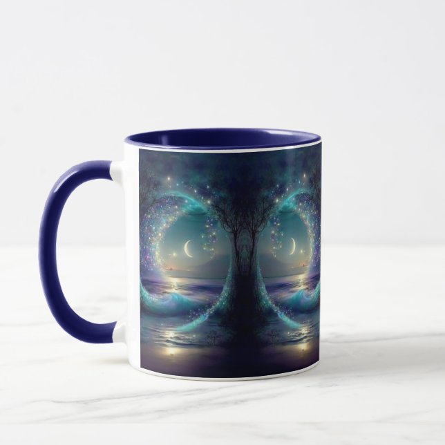 Mystisk Fantasy Livets Träd Celestiala Månar Blå Mugg (Vänster)