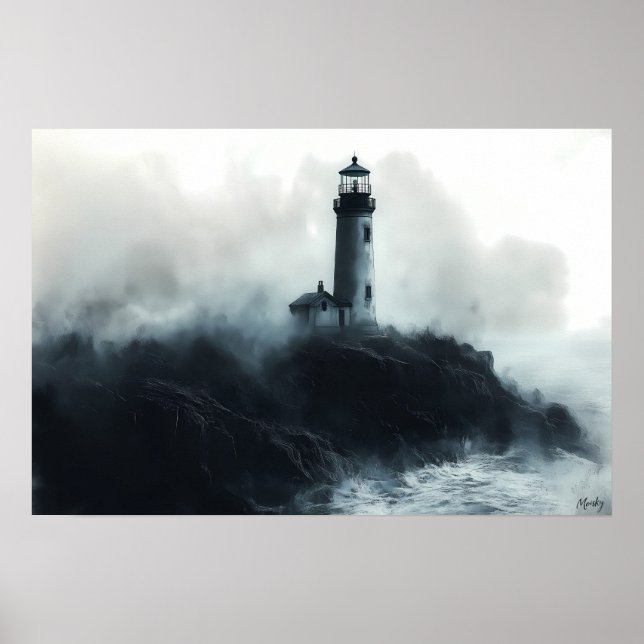 Mystisk fyr mitt i havsvågor – Kol Poster (Framsidan)