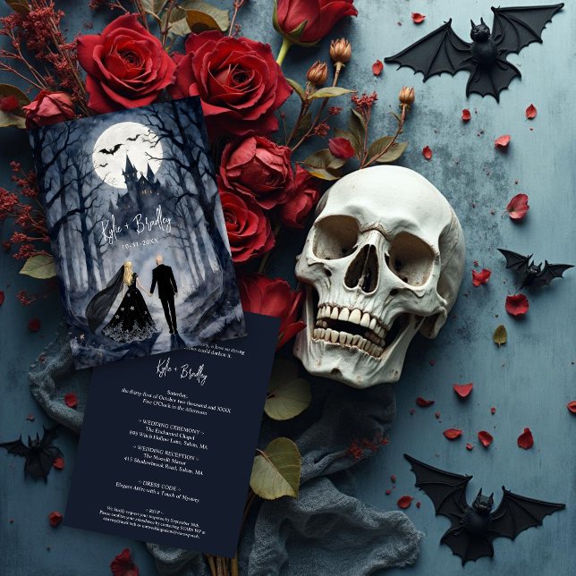 Mystisk gotisk skog bröllopspar spookslott inbjudningar (Mystical Gothic Forest Wedding Couple Haunted Castle Invitation Card Design. )