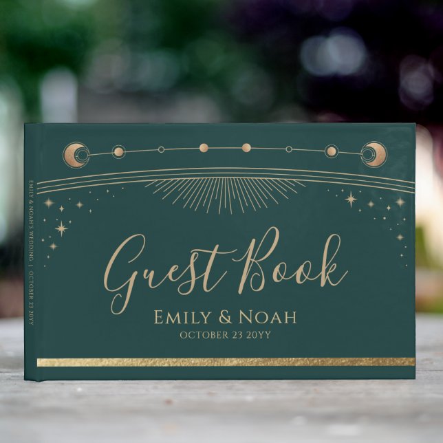 Mystisk Grön Guld Sol Måne Stjärnor Bröllop Gästböcker (InSitu Utanför)