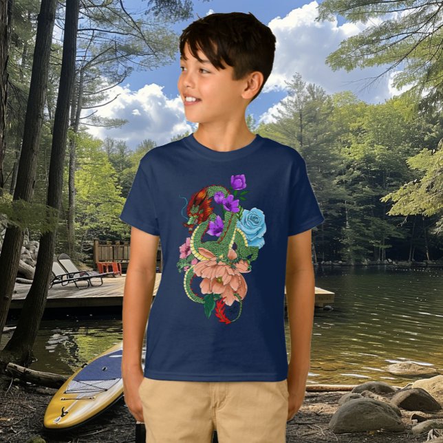 Mystisk Grön Kinesisk Drak Blommig Marinblå T Shirt (Skapare uppladdad)