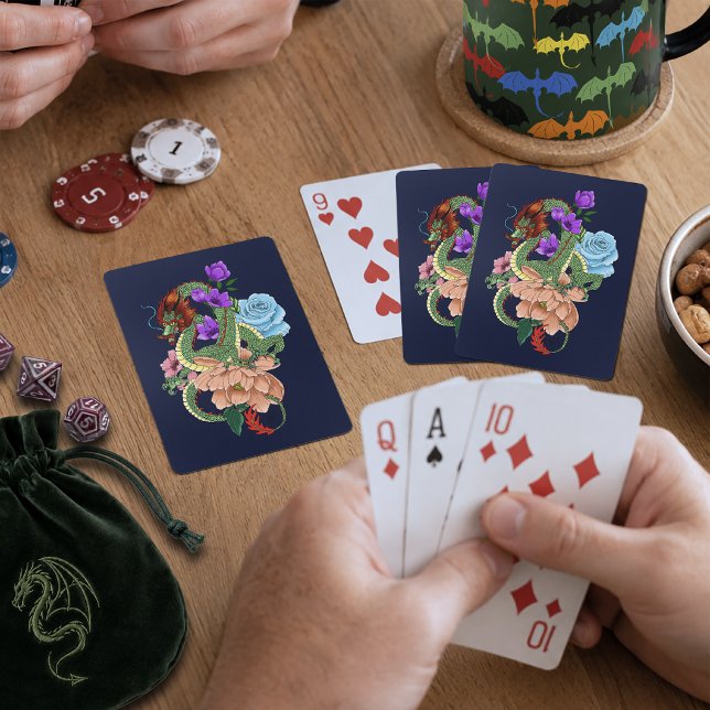 Mystisk grön kinesisk drakblomma marinblå casinokort (Skapare uppladdad)