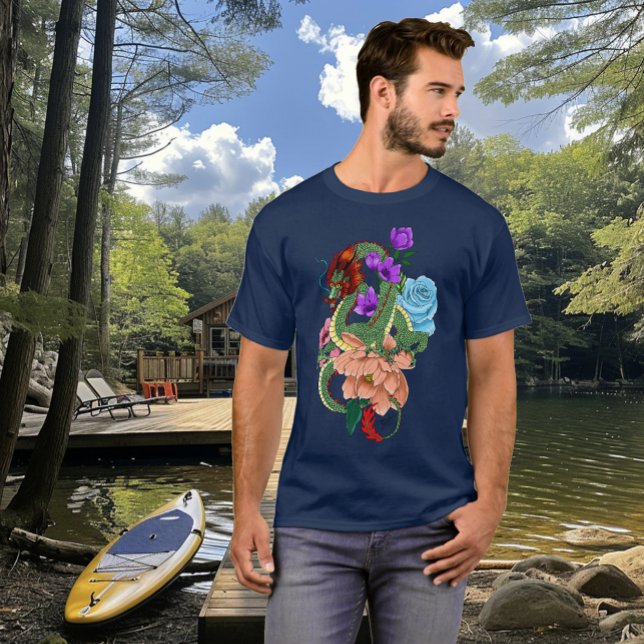 Mystisk grön kinesisk drakblomma marinblå t shirt (Skapare uppladdad)