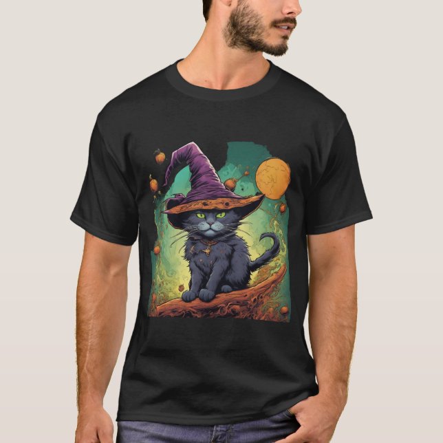 Mystisk Halloween-häxa katt  T Shirt (Framsida)