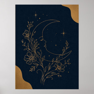 Mystisk halvmåne ansikte och gyllene himmelsk W Poster