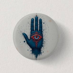 Mystisk handillustration med rött öga knapp