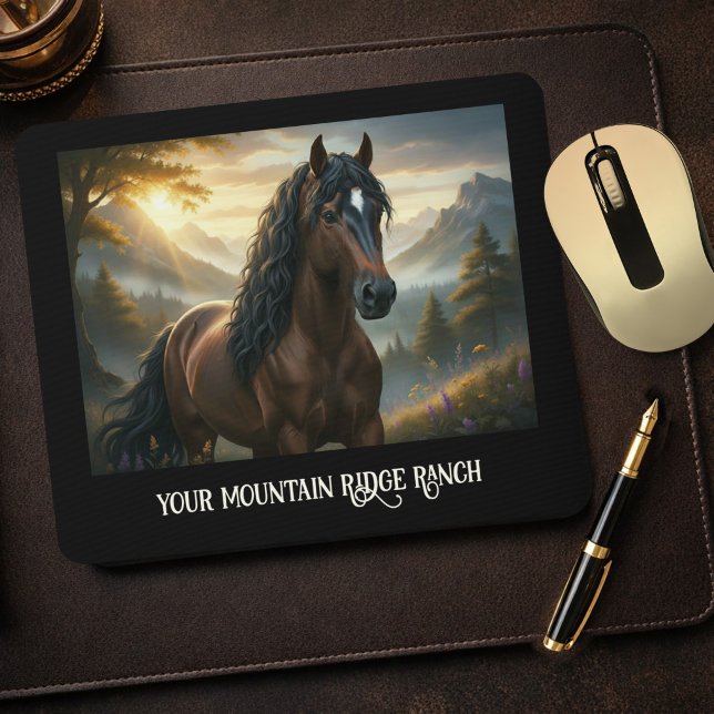 Mystisk Häst Anpassat Namn Mountain Ranch Musmatta (Equestrian mouse pad featuring a unique painting of a horse in a mountain landscape at sunset)