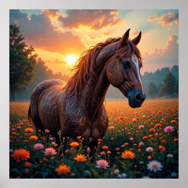 Mystisk häst i blomsterfält poster (Framsidan)