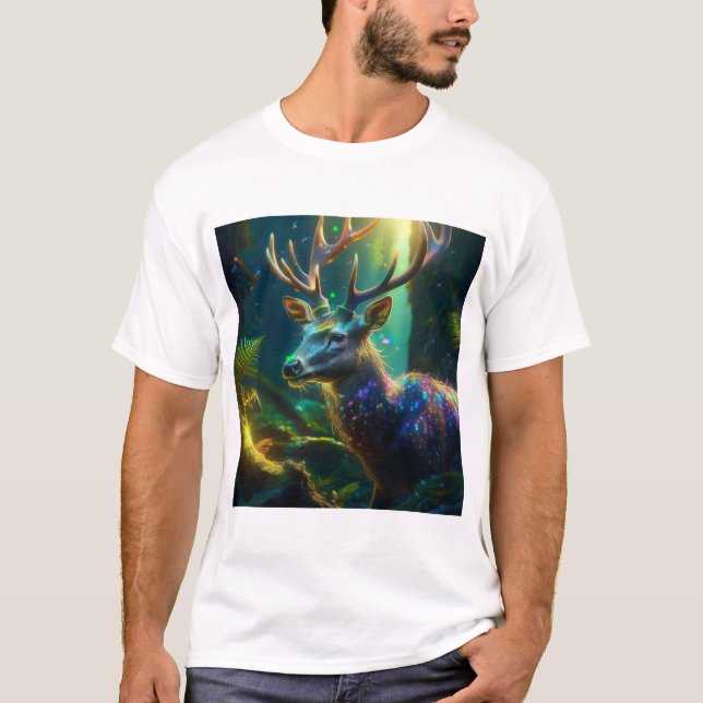 Mystisk jul – Lysande hjort i förtrollad skog T Shirt (Framsida)
