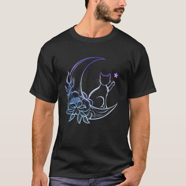Mystisk katt halvmåne blomaccent t shirt (Framsida)