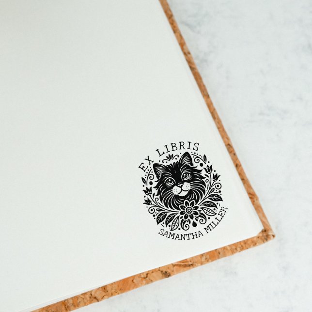 Mystisk katt med blommor Bok Ex Libris  Stämpel (Skapare uppladdad)