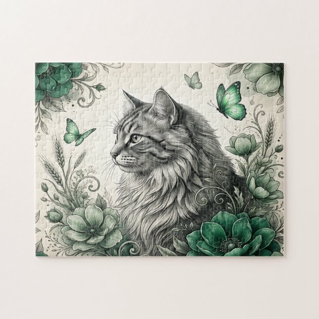 Mystisk katt med blommor pussel (Horisontell)