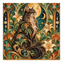 Mystisk katt och måne Art Nouveau-affisch