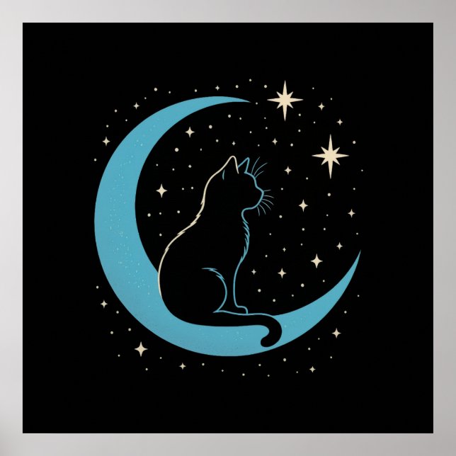 Mystisk katt på blå månnatthimmel poster (Framsidan)