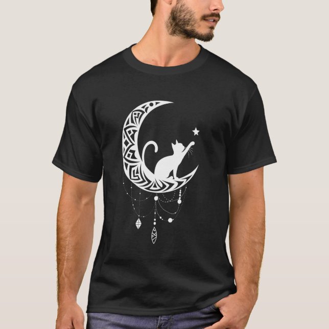 Mystisk katt på halvmåne drömfångare t shirt (Framsida)