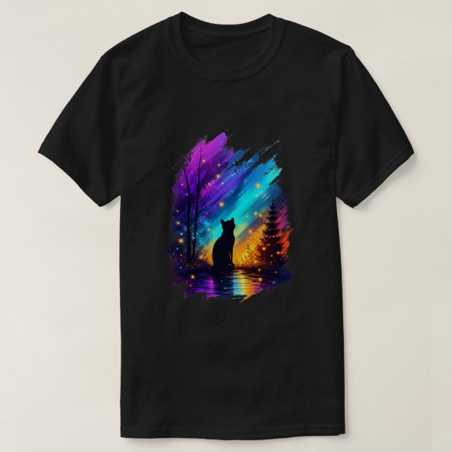 Mystisk Katt Siluett Norrsken Svart T Shirt (Design framsida)