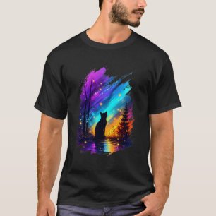 Mystisk Katt Siluett Norrsken Svart T Shirt