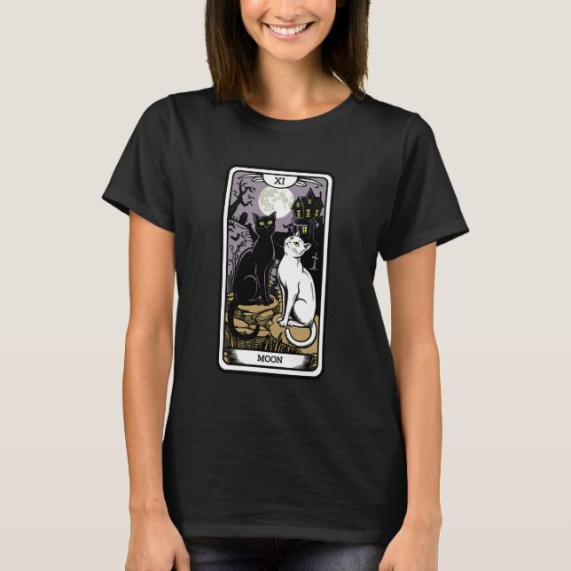 Mystisk katt under mån tarot stil t shirt (Framsida)