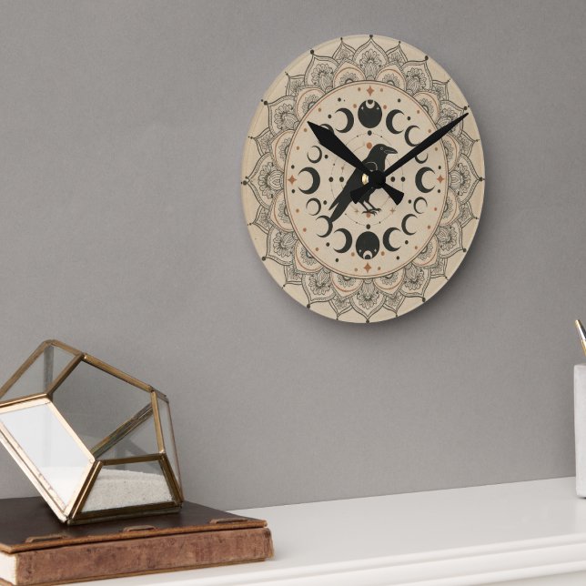 Mystisk Korp Månefas Mandala Celestial Konst Rund Klocka (Celestial raven wall clock)