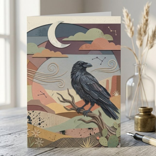 Mystisk Korp Öken Natt Tack Kort (Raven moon and desert boho mystical note card)