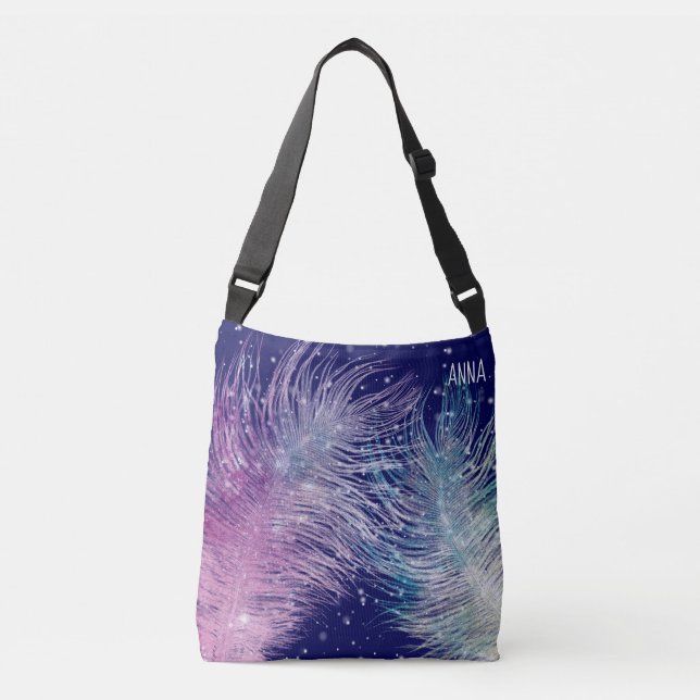 *~* Mystisk kotisk Boho Fjädrar Nattblå Axelväska (Framsida)