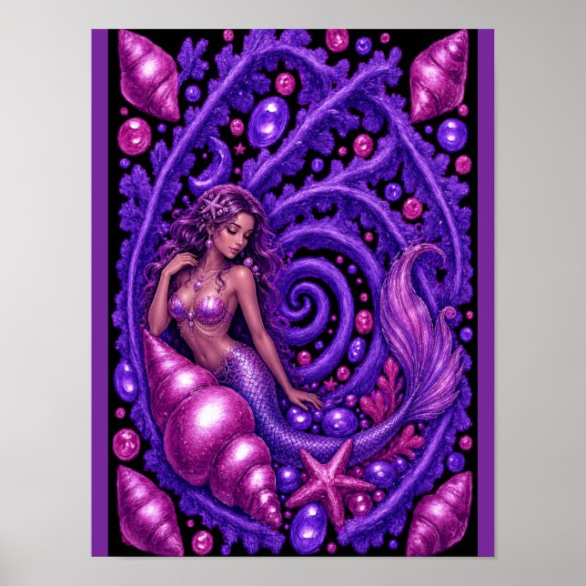 Mystisk lila sjöjungfru fantasykonst | Magisk ocea Poster (Framsidan)