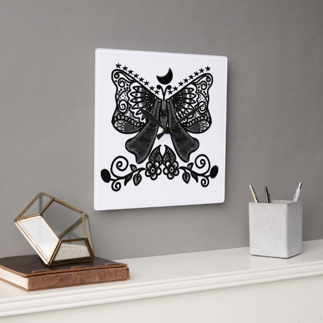 Mystisk Lunamörja | Celestial Gothic Insektskonst  Fyrkantig Klocka (Kontor)