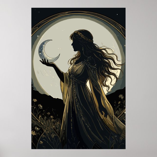 Mystisk mån-gudinna, Celest kvinnlig siluett Poster (Framsidan)