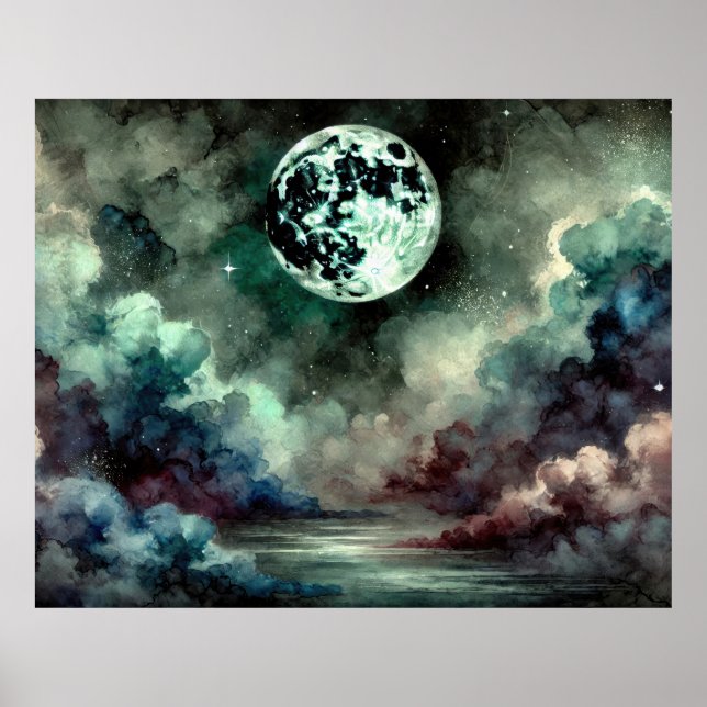 Mystisk mån kosmiska moln i drömlik natthimmel poster (Framsidan)