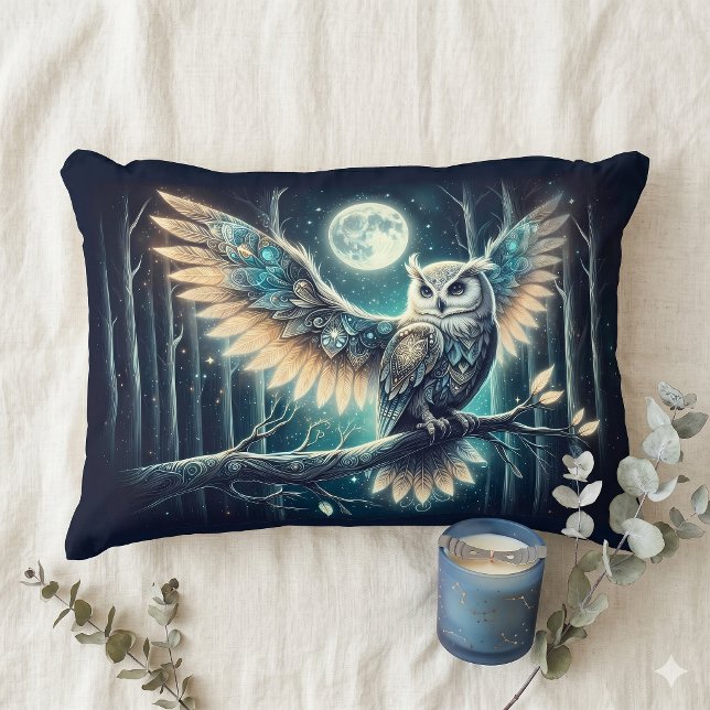 Mystisk Mån Ule Himmelska Skogens Glöd Prydnadskudde (Mystical Moon Owl Celestial Forest Glow Accent Pillow)