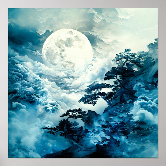 Mystisk månbelyst bergslandschaft poster (Framsidan)