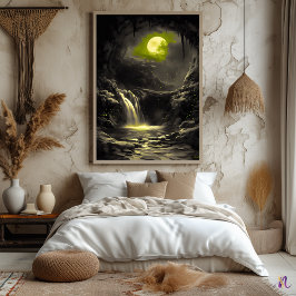 Mystisk månbelyst grotta – monokromt sken poster