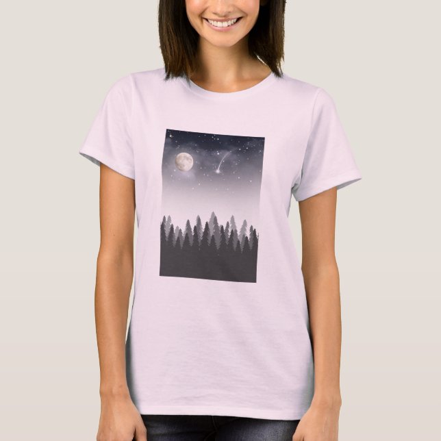Mystisk månskogs stjärniga natthimmel landskap t shirt (Framsida)
