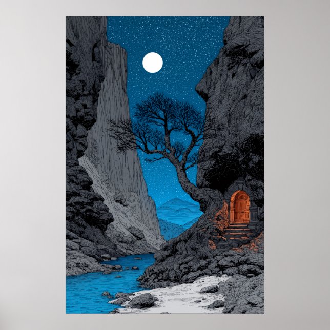 Mystisk natt kanjon Blå månlandskap konsttryck Poster (Framsidan)