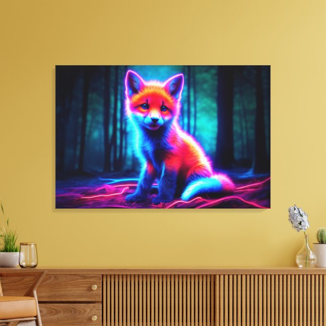 Mystisk neonräv i glansbehärskad skog canvastryck (Insitu (Vardagsrum))