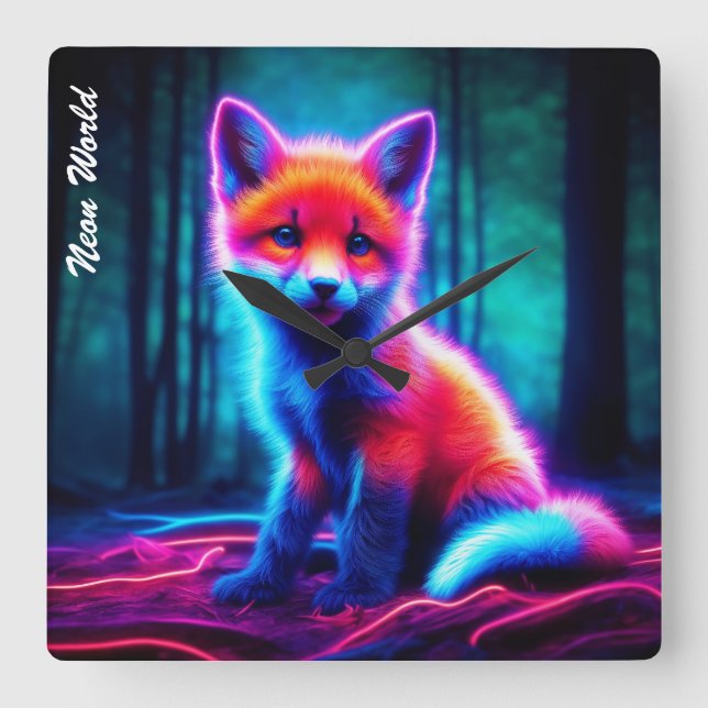 Mystisk neonräv i glansbehärskad skog fyrkantig klocka (Framsida)