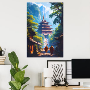 Mystisk pagodstig vid soluppgång poster