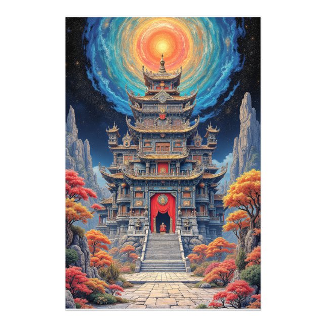 Mystisk Pagodtempel Under Himmelsk Himmel Fototryck (Framsidan)