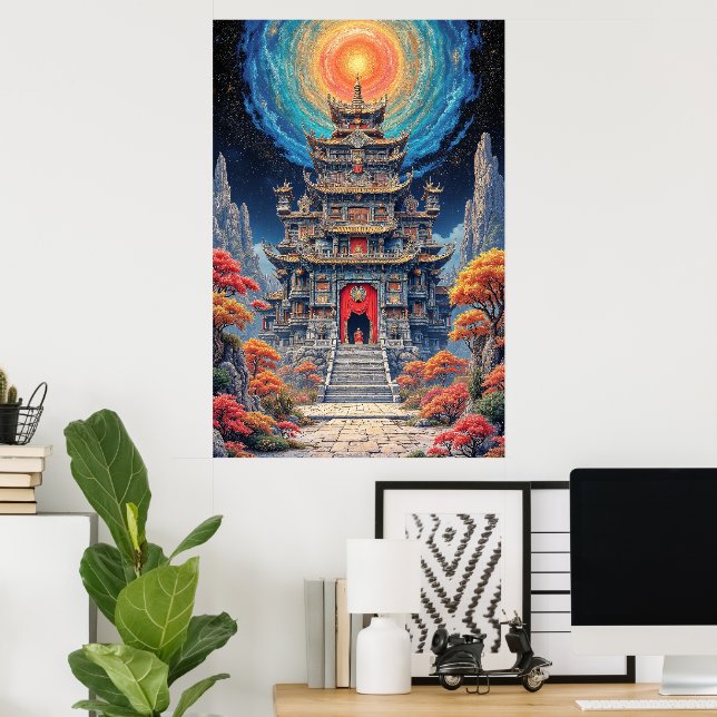 Mystisk Pagodtempel Under Himmelsk Himmel Poster (Hemmakontoret)