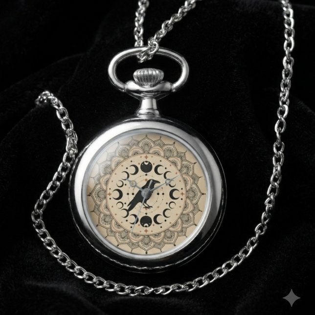 Mystisk Räv Månefas Mandala Celestial Konst Armbandsur (Raven moon phase watch for celestial lovers, ideal for gifting.)
