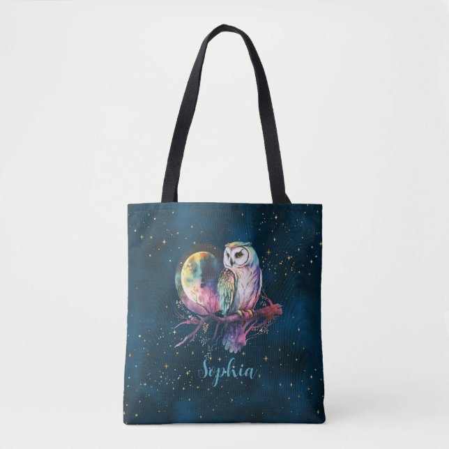 Mystisk Regnbågsuggla och Fullmåne Celestial Tygkasse (Framsida)