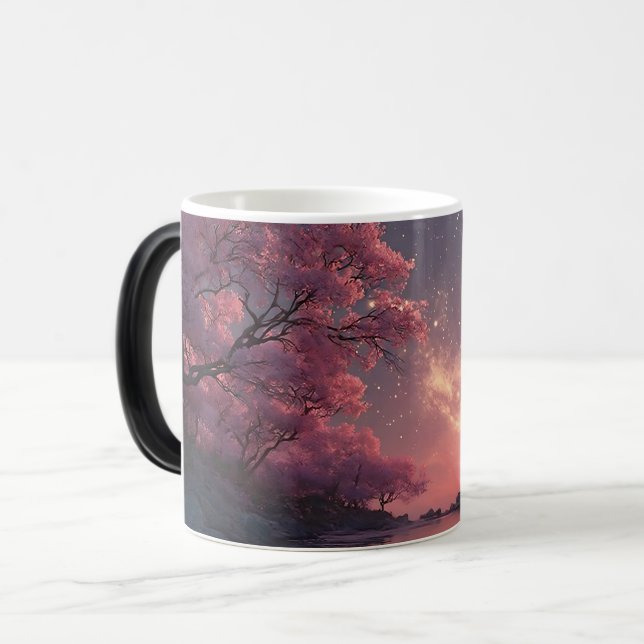 Mystisk Rosa Blommande Träd Nattlig Himmel Kaffe M Magisk Mugg (Framsida vänster)