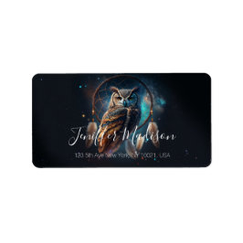 Mystisk rymduggla med drömfångarkonst adressetikett