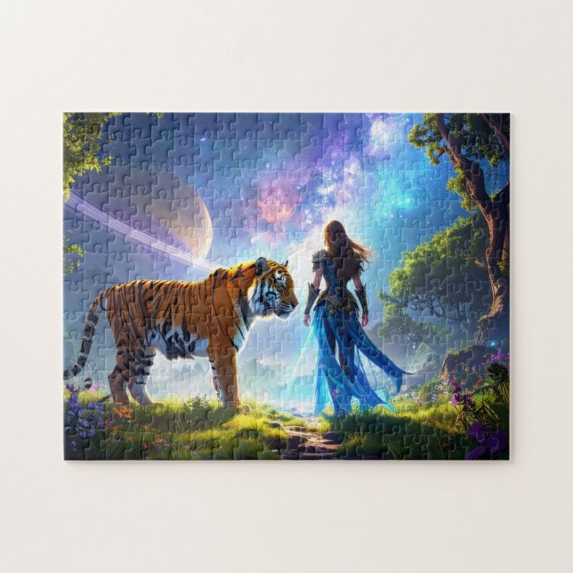 Mystisk Scifi Fantasy Tiger och Gudinnakrigare  Pussel (Horisontell)