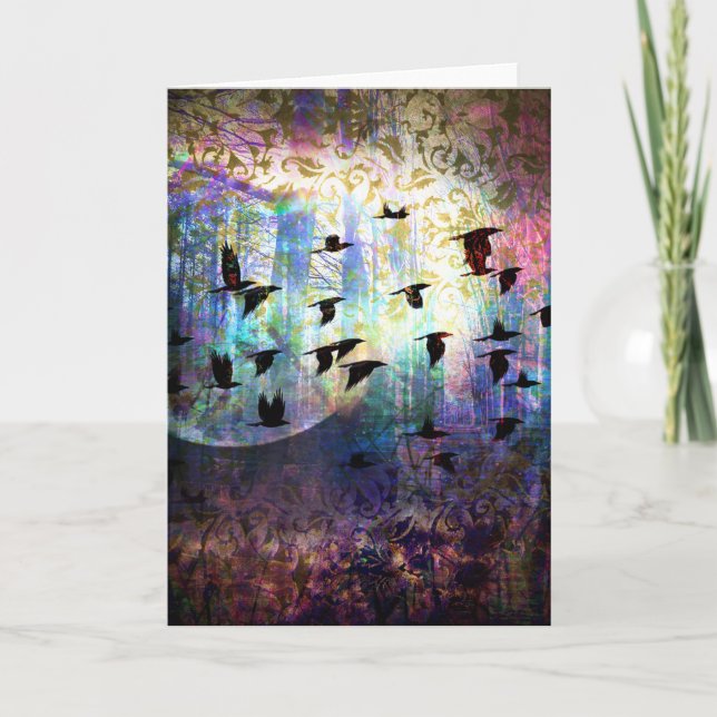 Mystisk skog och korpsvart månehälsningkort kort (Framsida)